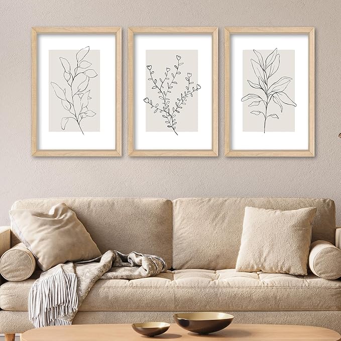 YWJKWLGS Neutral Botanical Prints Framed Wall Art Decor 11x16 Inch Set of 3 Boho Plant pictures Sign minimalist Vintage for Bedroom Office bathroom Wall Hanging (Wood)