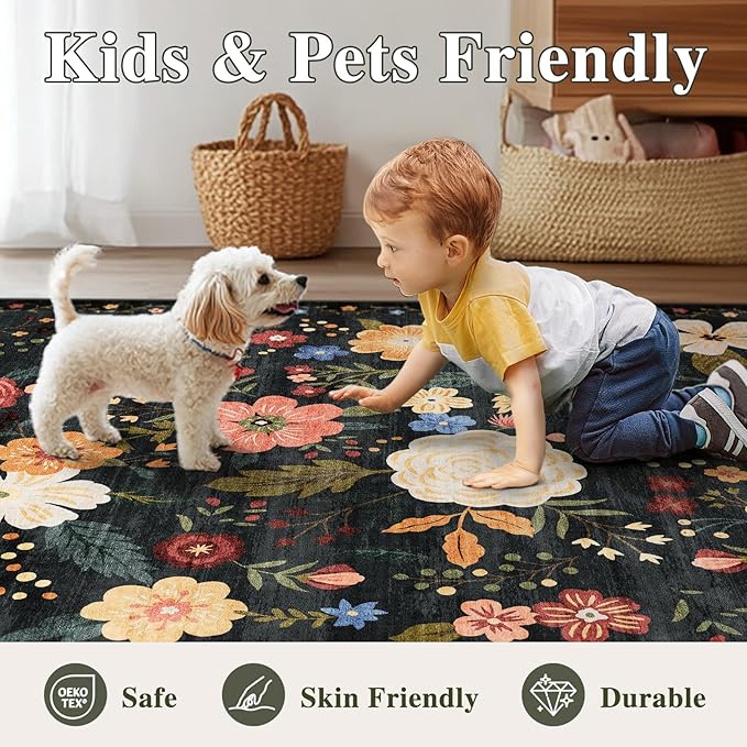 5x7 Washable Area Rug for Living Room, Floral Non-Slip Non-Shedding & Easy Care, Soft Low Pile Boho Indoor Floor Carpet for Living Room, Bedroom, Farmhouse, Dining Room, Kids Playroom, Black