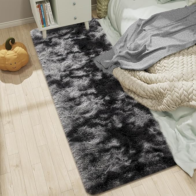 BENRON Soft Runner Rugs for Bedroom 2x6, Washable Long Runners for Hallway Entryway Kitchen Dorm, Fluffy Throw Rug for Kids Girls Room Decor Photo Prop, Tie-dye Black