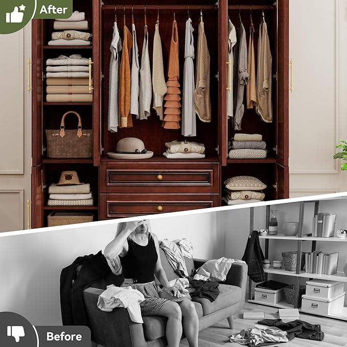 Solid Wood Armoire:Large Wardrobe Closet with Drawers and Hanging Rod,Storage Cabinet Clothes Organizer for Bedroom Cherry Finish
