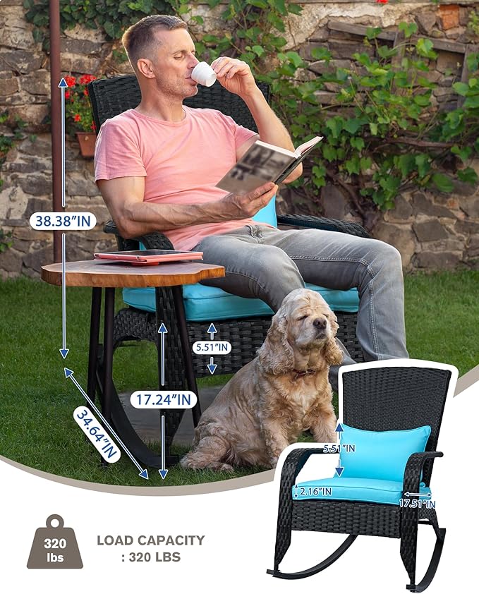 Outdoor Rocking Chair- Outdoor Glider Teal Rattan Rocking Chair with Heavy Duty Steel Frame- All Weather Rocker Chair for Garden, Porch, Backyard, Poolside (Black Rattan, 320lbs)