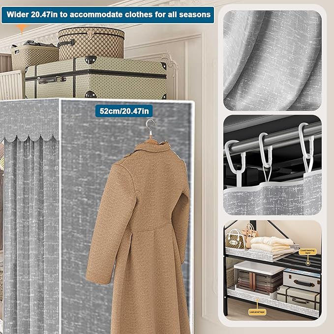 FPIGSHS Heavy Duty Clothes Rack with Cover Foldable Covered Clothes Rack for Hanging Clothes portable Wardrobe Closet System Freestanding Coat Storage Garment Racks for bedroom (grey, 59in)