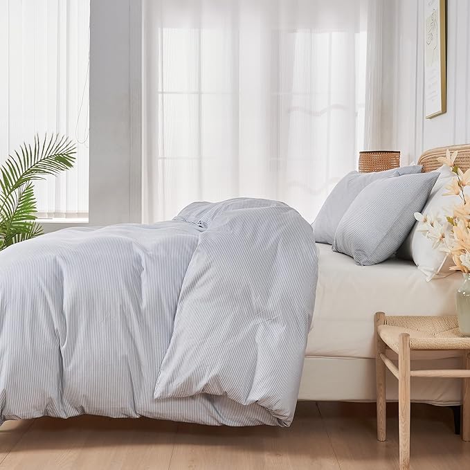 JELLYMONI 100% Natural Cotton 3pcs Striped Duvet Cover Sets,Blue Duvet Cover with Thin White Stripes Pattern Printed Comforter Cover,with Zipper Closure & Corner Ties(King Size)