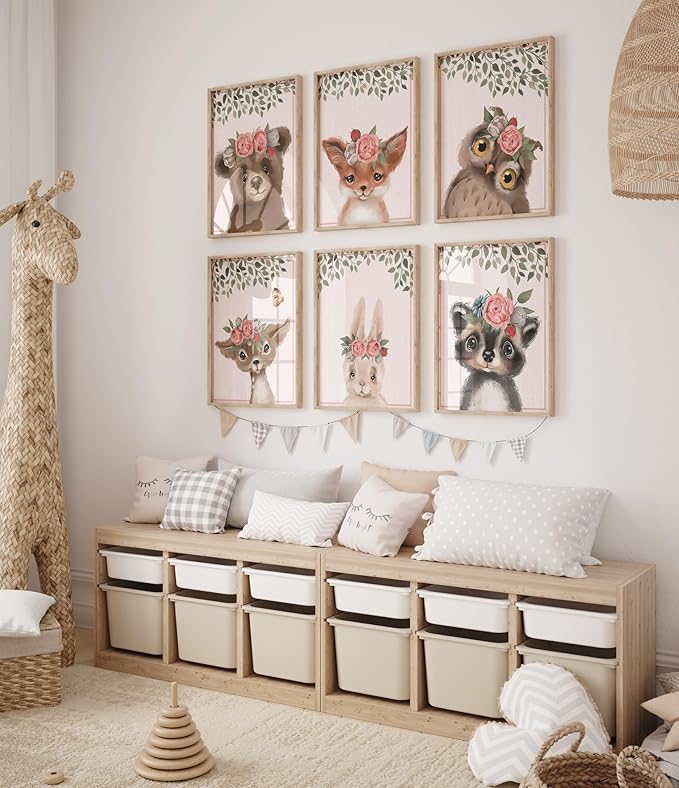DREAM BIG PRINTABLES Woodland Animals Nursery Wall Art Prints (Set of 6) - Unframed - 8x10s | Set Includes Bear, Fox, Owl, Deer, Bunny Rabbit, and Raccoon wearing Floral Crowns