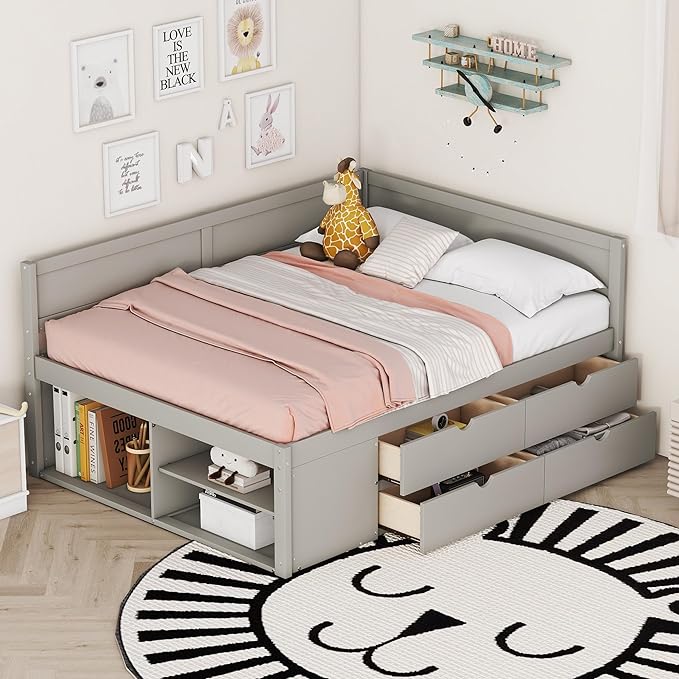 Full Size Daybed with 4 Storage Drawers and Shelves, Wooden Full Platform Bed Frame with L-Shaped Headboard and Slats Support, Corner Bed Full Captain Beds for Kids Boys Girls Teens, Gray