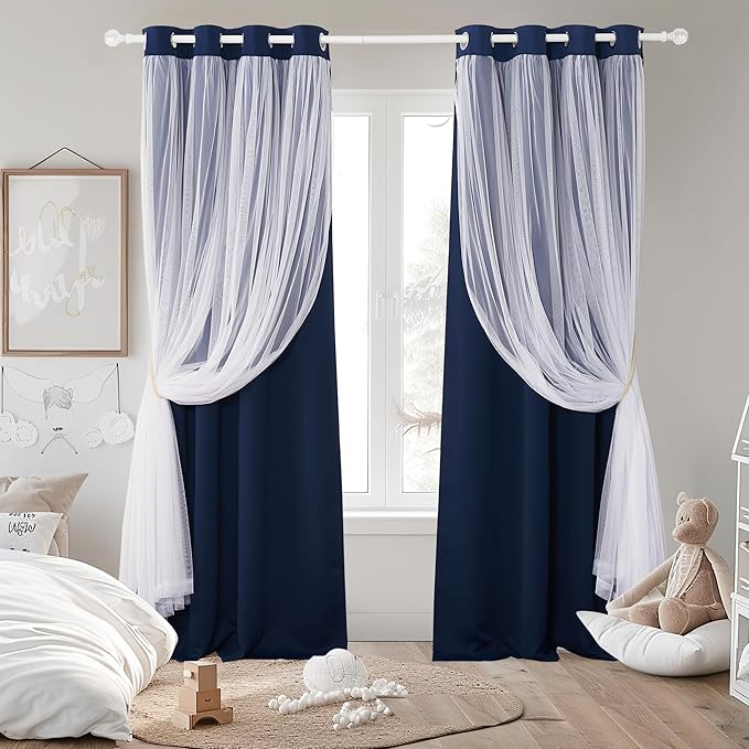 PONY DANCE Navy Blue Curtains Blackout - Room Darkening Curtains with Sheer Elegance Drapery Layered Drapes Mix and Match for Living Room/Kids Bedroom (Set of 2, 52x63 inch, Free Tie-Backs)