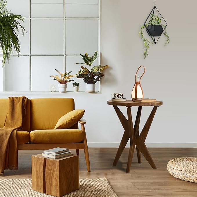 Farmhouse Round End Table Set of 2 with MDF Top and Crossed Legs, Mid Century Modern Side Table Small Accent Table for Small Space Stable Nightstand for Living Room, Natural Wood