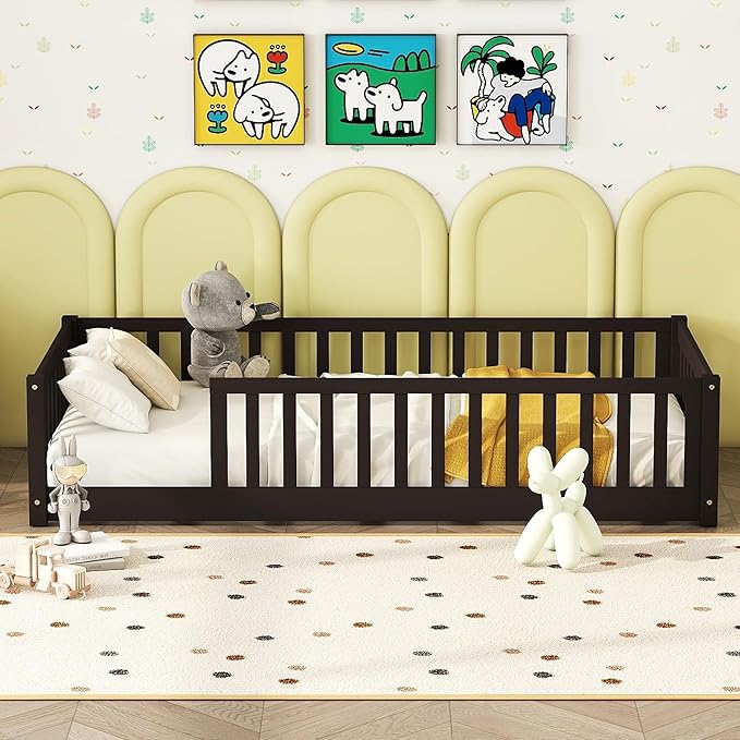 Bellemave Twin Size Kids Montessori Floor Bed,Twin Floor Bed Frame with Slats,Solid Wood Twin Bed Frame for Girls Boys,White
