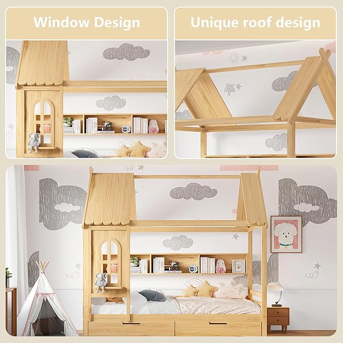 Full House Bed with Drawers and Window, Solid Wood House Platform Bed with Shelves, Full Bed Frame with House-shaped Roof for Kids, Boys, Girls, No Box Spring Needed and Childlike Design, Natural