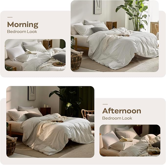 JELLYMONI Striped Duvet Cover Set - King Size 100% Cotton - 3PCS White & Grey Vertical Stripes Bedding - Hidden Zipper Closure & 8 Corner Ties - Breathable Comforter Cover for Bedroom