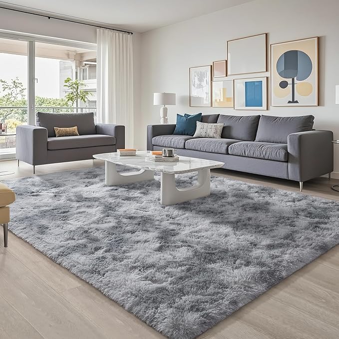 BENRON Fluffy Rugs for Living Room 5x8 Tie-dye Grey, Washable Large Area Rugs for Bedroom Dining Table Office Kids Nursery Room, Washable Indoor Floor Carpets