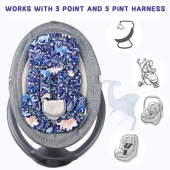 Pea Pod Infant Car Seat Insert with Strap Covers, All in One Reversible Baby Car Seat Head Support for Newborn, 3D Soft Minky Carseat Cushion for Preemie to Infant, Stroller, Swing, Bouncer, Dinosaur