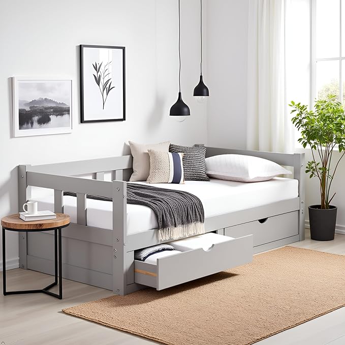 Alaterre Furniture Melody Twin to King Extendable Daybed with Trundle and Storage Drawers – Solid Brazilian Pine Wood with 400lb Capacity for Kids, Guest, or Small Bedroom (Dove Gray)