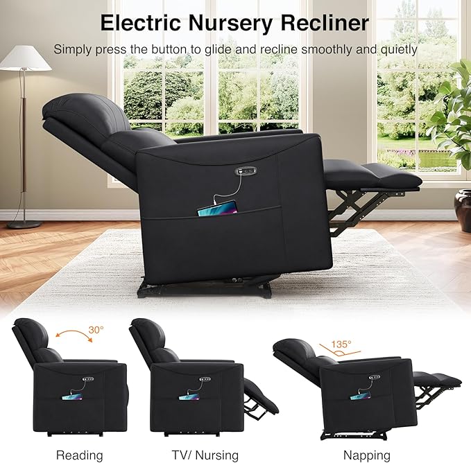 Adjustable Power Recliner Chair, Comfy PU Leather Electric Recliner Chair, Power Recliners with USB Port, Eco-Certified Small Recliners for Small Spaces Sofa Reclinable, Black