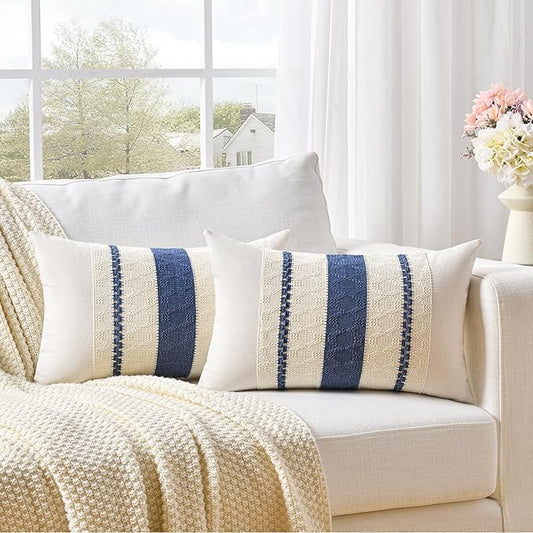 Fancy Homi Set of 2 Dusty Blue Vintage Long Lumbar Decorative Throw Pillow Covers 12x24 Inch for Couch Bed Sofa Chair Bedroom, Rustic Retro Square Cushion Case, Modern Farmhouse Boho Room Decor