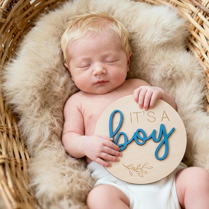 2-in-1 Gender Reveal Sign and Hello World Announcement Signs, It's a Boy or Girl Sign Newborn Announcement Set, Wooden Baby Welcome Sign for Hospital, Nursery he or she signfor Newborn Boys and Girls