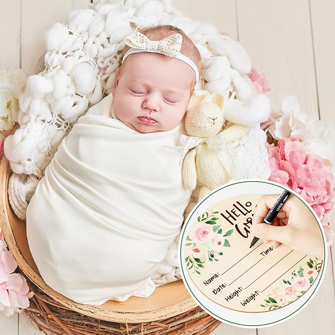 R HORSE Baby Birth Announcement Sign with Marker Pen, Pink Floral Baby Name Sign with Ink Pad for Hand and Footprints, Wooden Hello World Newborn Announcement Nursery Decor Keepsake Gifts