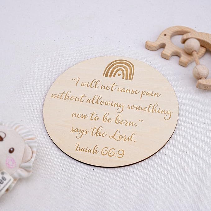 Wooden Rainbow Baby Scripture Sign, 6 Inch Round Nursery Wall Decor with Stand, Isaiah 66:9 Bible Verse Quote, Birth Announcement Plaque