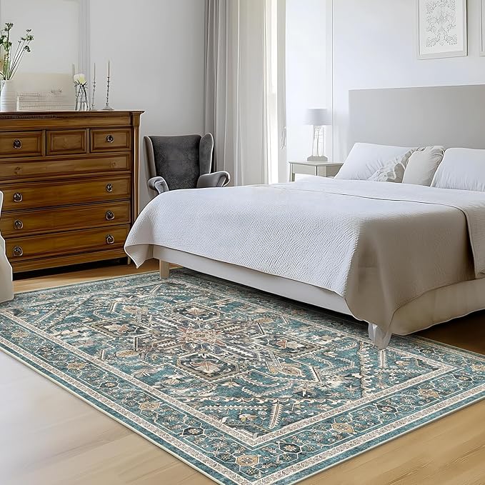 WITSHOCK Living Room Area Rugs 5x7: Washable Rug Boho Soft Non-Slip Low Pile Stain Resistant Foldable Carpet for Bedroom Playroom Dining Room Office Kitchen Farmhouse Home Decor Rug-Dull Teal
