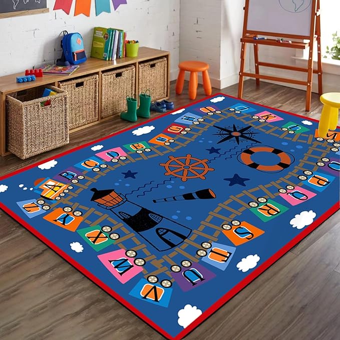Nautical Theme Kids Rug, 5x6ft, Cartoon Railway Letter Train Indoor Throw Rugs, Washable Dirty Resistant Absorbent Mat for Indoor, No Crease Cozy Thin Carpet for Floor Family