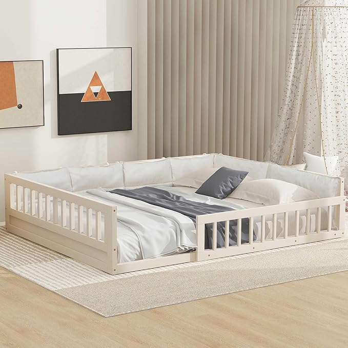 Full Size Upholstered Floor Bed with Guardrail, Montessori Platform Bed Frame for Kids and Toddlers, Wood Slat Support, No Box Spring Needed (Beige + Solid Wood+MDF + Full)