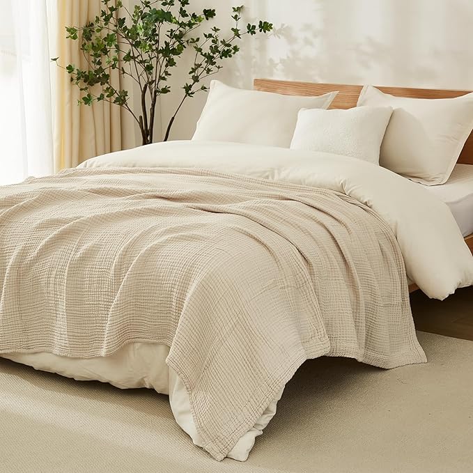 EMME Cotton Muslin King Blanket Big Oversized Bed Layering Bedspread Coverlet Light Tan Breathable Gauze Soft Lightweight Blankets (120"x94")