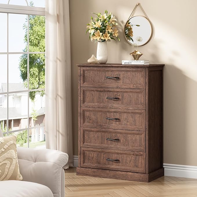 CARPETNAL Farmhouse 5 Drawers Dresser for Bedroom, 44" Tall Brown Dresser Wood Rustic Chest of Drawers with Wide Metal Handle,Natural Texture,Drawer Organizer for Bedroom,Living Room,Hallway