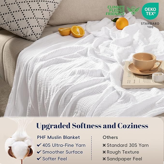 PHF 100% Cotton Muslin Throw Blanket 50" x 60", 4-Layer Lightweight Gauze Throw, Breathable Cloud-Soft Minimalist Blanket for Bed, Couch, Camping & Baby, White, Ideal Gift