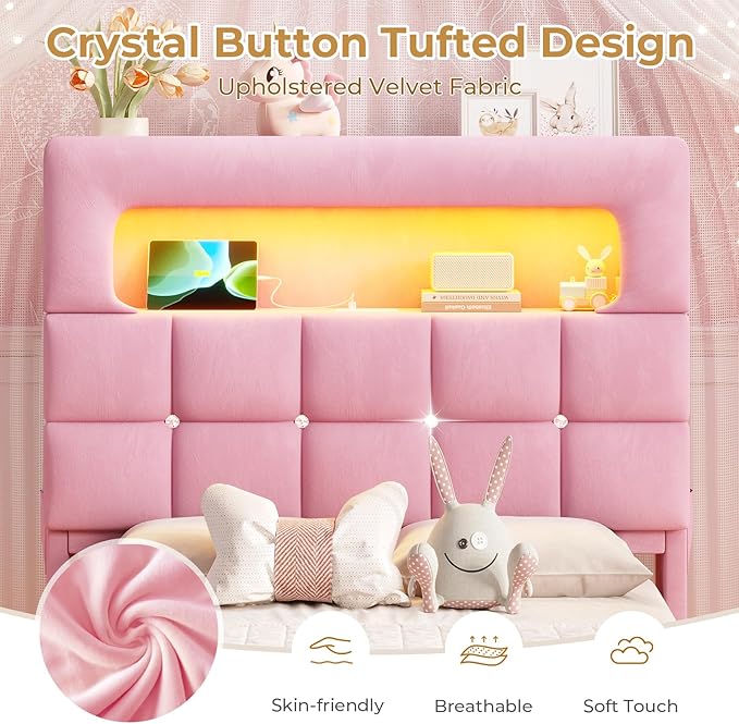 MSmask Twin Upholstered LED Bed Frame with 2-Tier Storage Bookcase Headboard, Velvet Princess Bed with Crystal Button Tufted Headboard & Charging Station, Girls Platform Bed, Curved Legs, Pink
