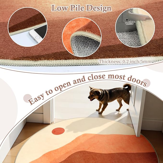 Round Area Rug 4ft, Mountain Circle Rug Print Round Kitchen Rugs Non Slip Washable Entryway Rug, Low Pile Soft Circular Carpet for Living Room Bedroom Decor(Brunt Orange)