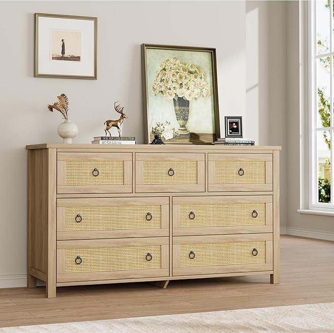IDEALHOUSE Rattan Dresser for Bedroom with 7 Drawers, 54'' Wide Chest of Drawers with Large Clothes Storage Cabinet, Wood Bedroom Dresser, TV Stand for Nursery, Living Room, Hallway, Oak