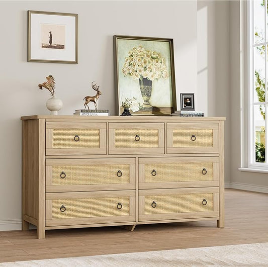 IDEALHOUSE Rattan Dresser for Bedroom with 7 Drawers, 54'' Wide Chest of Drawers with Large Clothes Storage Cabinet, Wood Bedroom Dresser, TV Stand for Nursery, Living Room, Hallway, Oak
