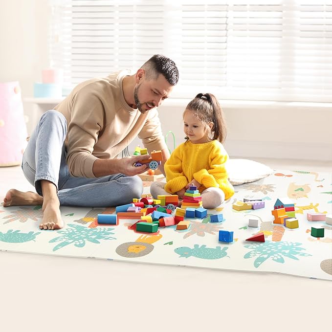 Bammax X-Large 78" x 70" x 0.4" XPE Foam Baby Play Mat + Travel Bag | Waterproof, Foldable & Reversible Floor Mat for Kids | Baby Crawling Mat & Kids Play Mat – Dinosaurs & Safari Animals