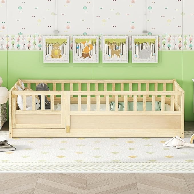 KEIKI Twin Kids Floor Bed, Montessori Kids Floor Bedframe with Fence & Door, Children's Wood Bed for Living Room, Natural
