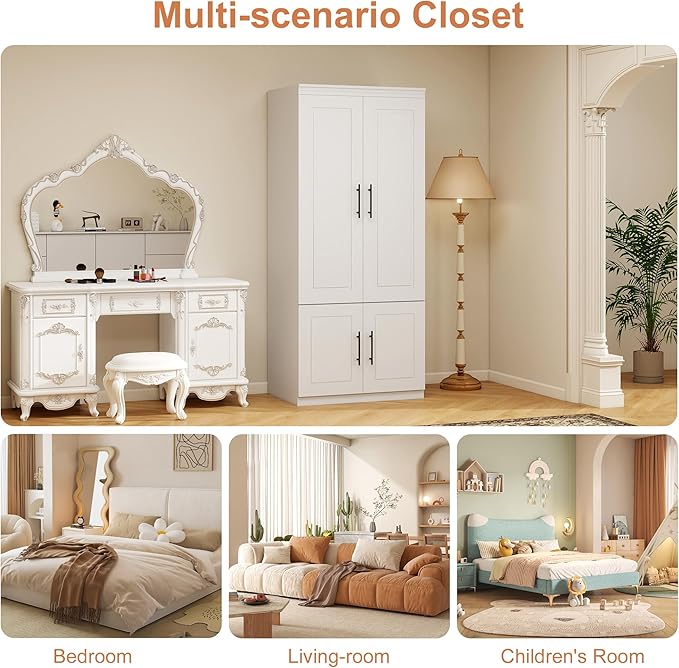 Armoire Wardrobe Closet with 2 Door, White Wood Wardrobe Closet Cabinet Wooden Bedroom Armoire with Hanging Rods & Shelves for Home/Bedroom/Living Room Style-52