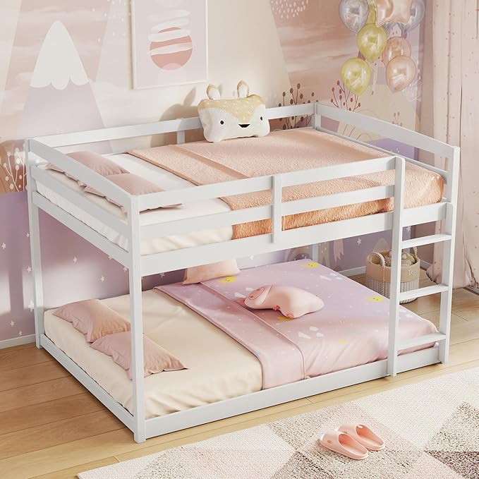 KOMFOTT Low Bunk Bed Full Over Full, Solid Wood Full Bed Frame with Built-in Ladder & Safety Guardrails, Teens, No Box Spring Needed, Space-Saving Low Bunk Bed for Kids