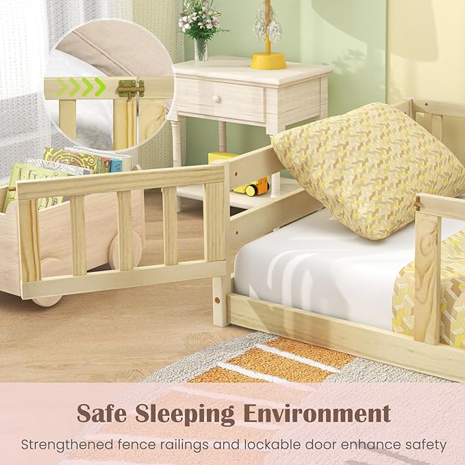 Giantex Twin Floor Bed with Fence for Kids, Wooden Montessori Bed Frame with Lockable Door & Guardrails, Low Floor Beds for Kids, Boys, Girls, No Box Spring Needed, Without Wood Slats, Natural