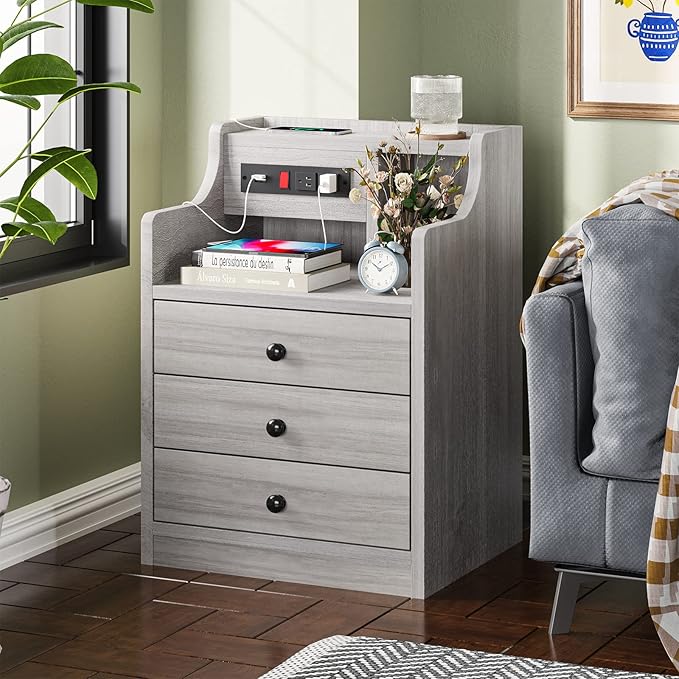 ADORNEVE Nightstand with Charging Station, Night Stand with Hutch & Storage Drawers, End Table Side Table Bedroom,Grey