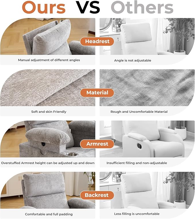 Oversized Power Recliner Chair Swivel Glider with Massage and Heat, Swivel Rocker Recliner with Adjustable Armrests, 26" Nursery Chair with Adjustable Headrest, Rocker Nursery Recliner, Light Grey