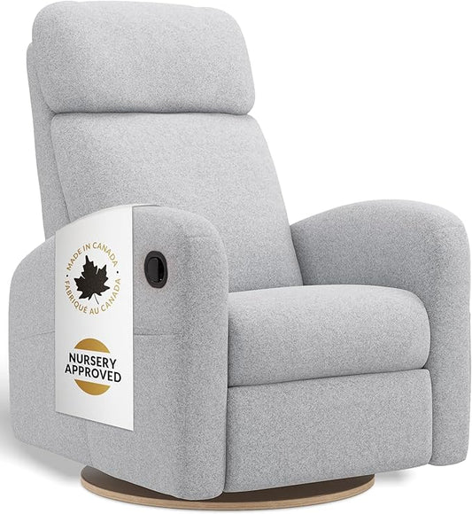 Jaymar Hailey Modern Nursery Glider Recliner Chair (Manual) – Cozy Nursing Chair with 360° Swivel for New Parents, High Back & Low Armrests, Adjustable headrest, Canadian Made (Arlo Heather Grey)