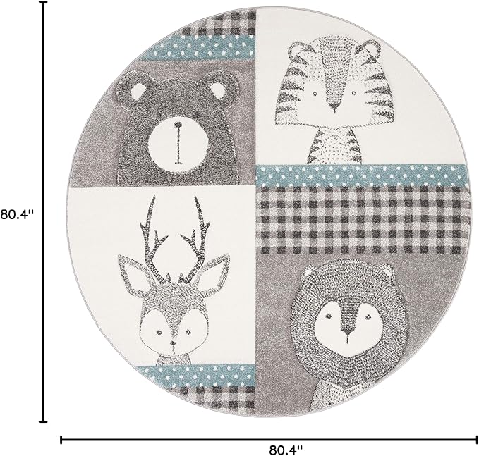 SAFAVIEH Carousel Kids Collection Area Rug - 6'7" Round, Grey & Ivory, Animal Design, Non-Shedding & Easy Care, Ideal for High Traffic Areas for Boys & Girls in Playroom, Nursery, Bedroom (CRK188B)