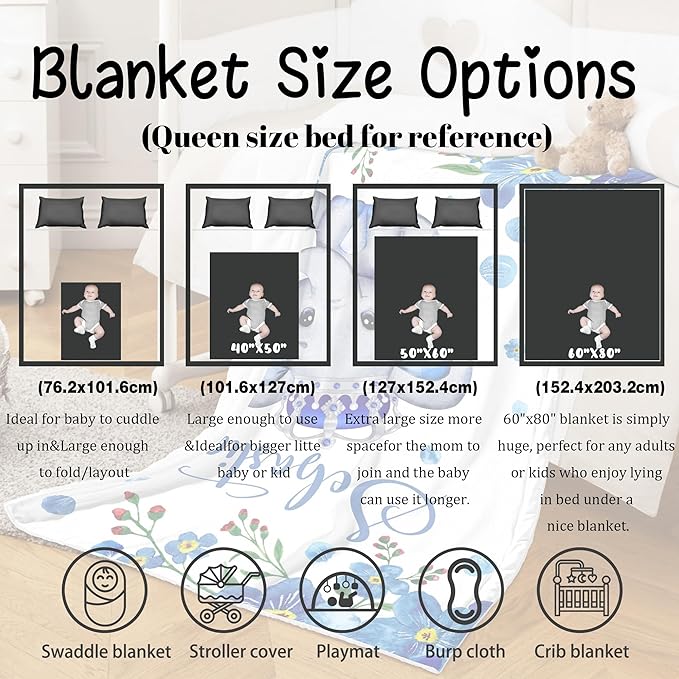 J&SBGFT Personalized Baby Blanket for Boys,Custom with Name, Customized Name Receiving Blankets Toddlers Kids Nursery Stroller Crib Decor Throw 30/''x40/'',Color12, 12-blue Floral Elephant