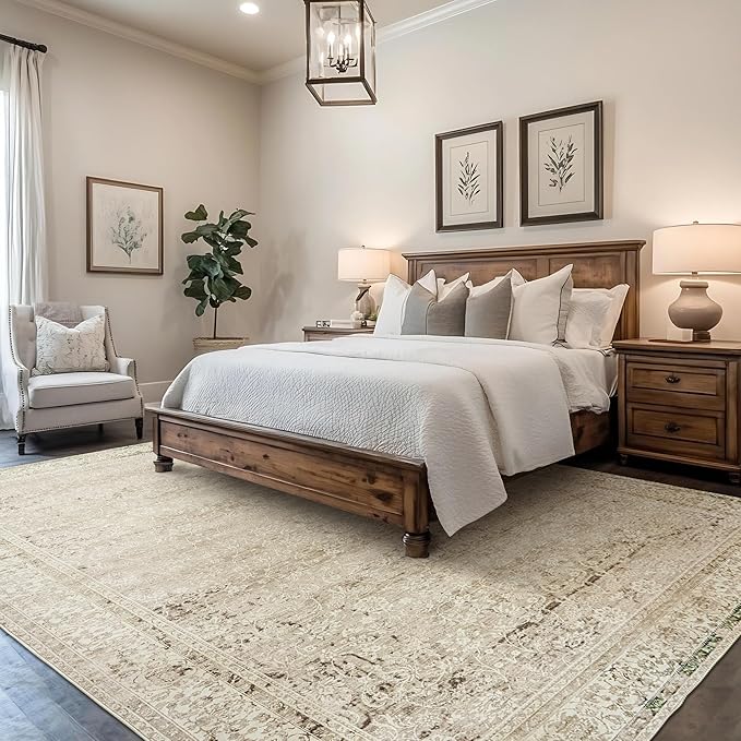 Cream and Light Tan Area Rugs Washable Rug for Living Room Bedroom, Faux Wool Soft No Slip Floral Boho Vintage Extra Large Carpet for Dining Room 9x12