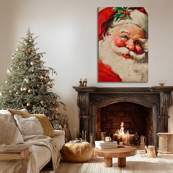 YONICA Christmas Canvas Wall Art Classic Santa 28x40 Inch Traditional Oil Painting Portrait - Large Framed Gallery Wrapped Living Room Art