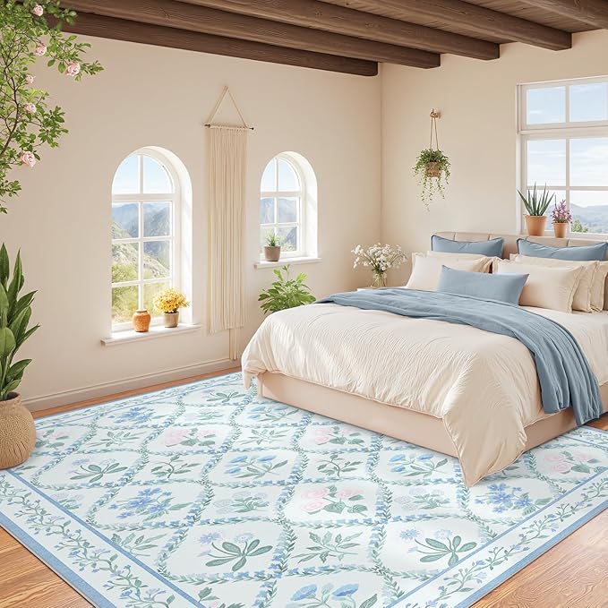 Blue 8x10 Rugs for Living Room, 8x10 Boho Floral Washable Area Rug Non Slip, Soft Cute Indoor Decor Elegant Carpet for Bedroom Kids Room Nursery Dining Room,Blue Multi
