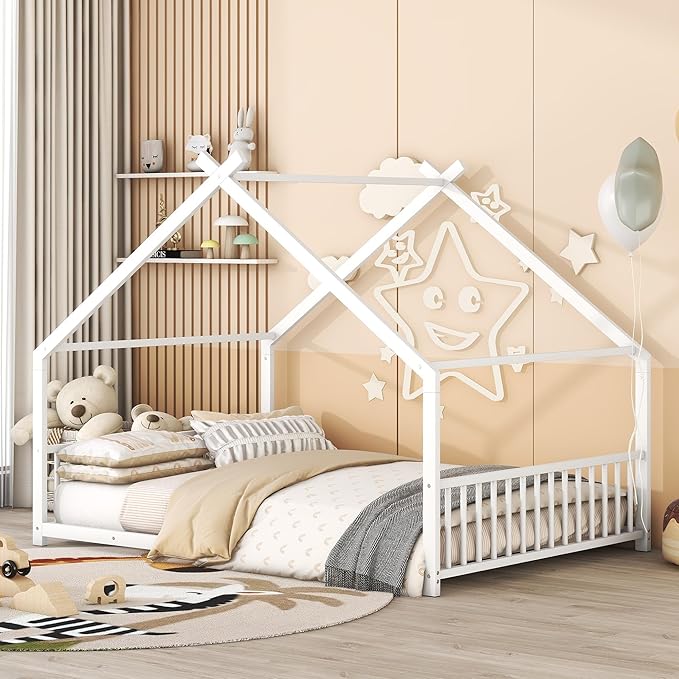 Full Size House Shaped Montessori Platform Beds, Wood Floor Bed Frame with Roof and Fence Deisgn, Kids Double Toddler Bed for Children Boys Girls, Easy Assemble, No Box Spring Needed, White