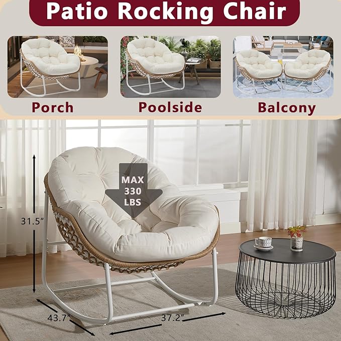 Oversized Outdoor Papasan Rocking Chair with Soft Cushion, Comfy Patio Egg Chair, Wicker Lounge Rocker for Balcony/Porch/Garden, Reinforced All Weather Rattan Frame, 330 lbs Support, Cream