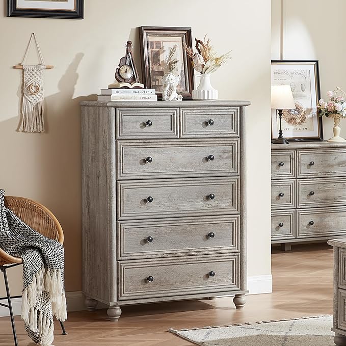 Farmhouse 6 Drawer Dresser Set of 2, Grey Chest of Drawers, 43.5" Tall Dressers for Bedroom with Roman Column and Metal Handles, Rustic Wood Storage Organizer for Living Room, Hallway, Closet