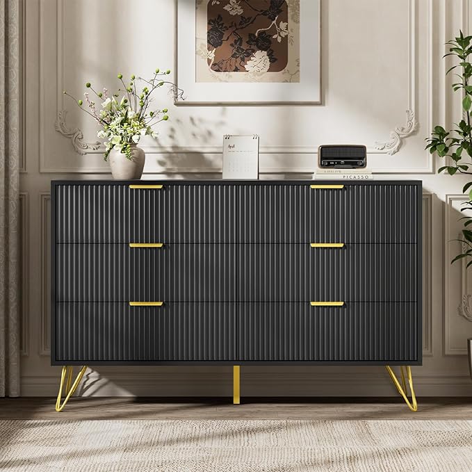 LYNSOM Fluted Dresser for Bedroom, Black 6 Drawer Dresser with Gold Handles and Wide Drawers, Wood Chest of Drawers for Bedroom, Hallway