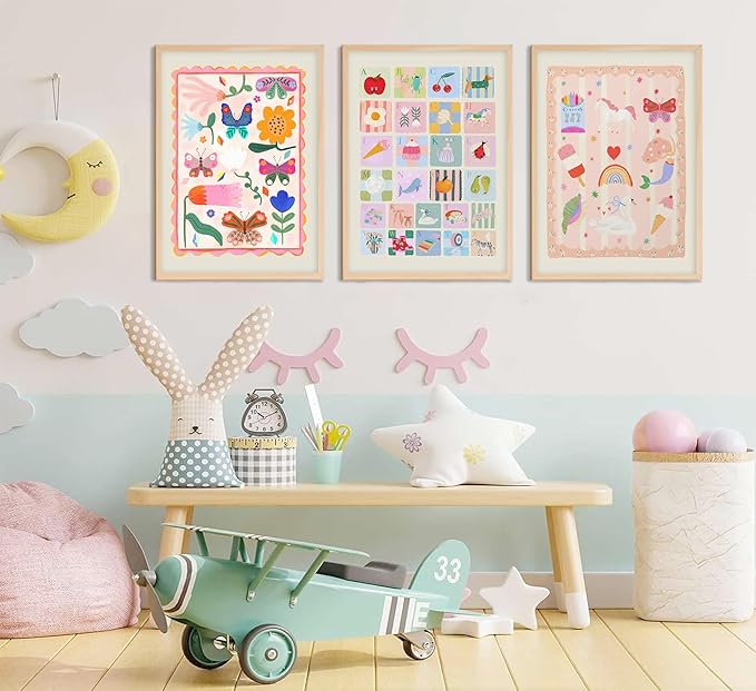 Colourful Nursery Canvas Wall Art ABC Nursery Wall Decor Pink Butterflies and Flowers Painting Picture Pastel Girl Kid Rainbow Poster Print for little Girl's Bedroom Kids Room Babys Playroom, Unframed